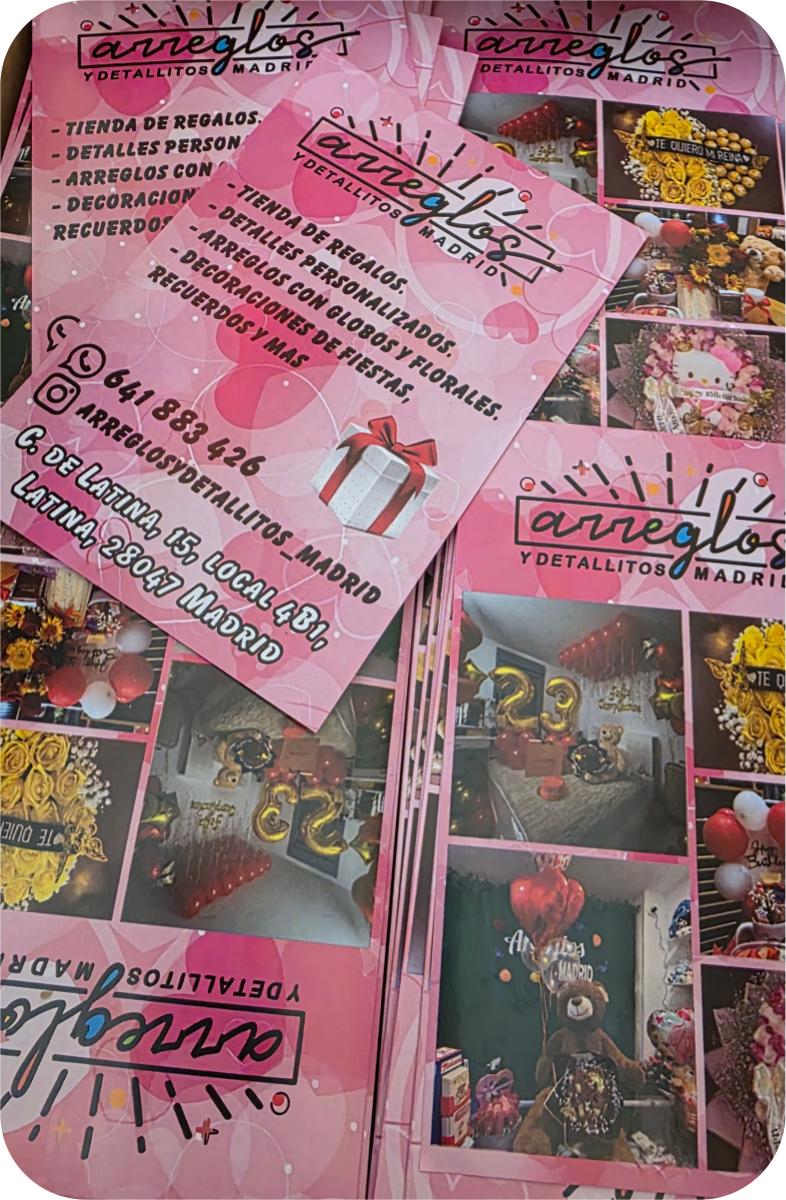 Flyers y tarjetas de visita rosas Arreglos y Detallitos Madrid