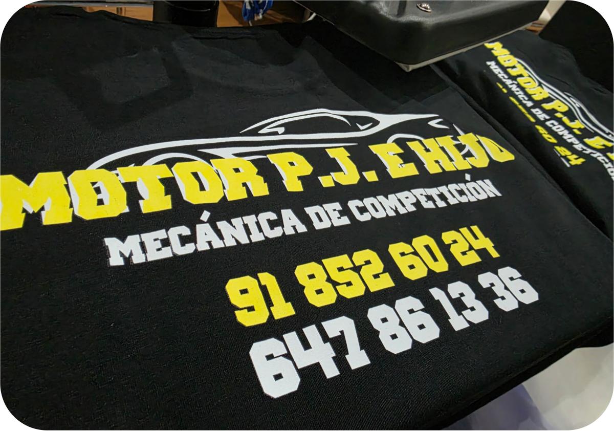 Camisetas negras Motor PJ e Hijo Mecánica de Competición estampadas