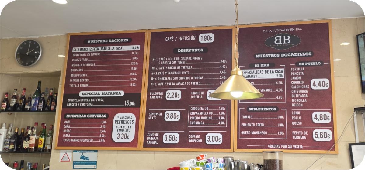Carta de menú impresa en vinilo Bar de los Bocadillos Casa Fundada 1947