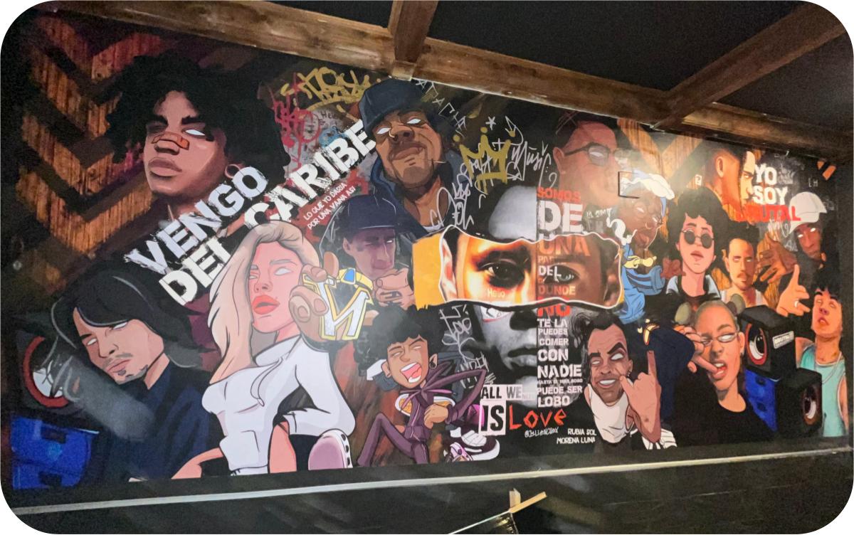 Mural urbano Vengo del Caribe con artistas y cultura latina