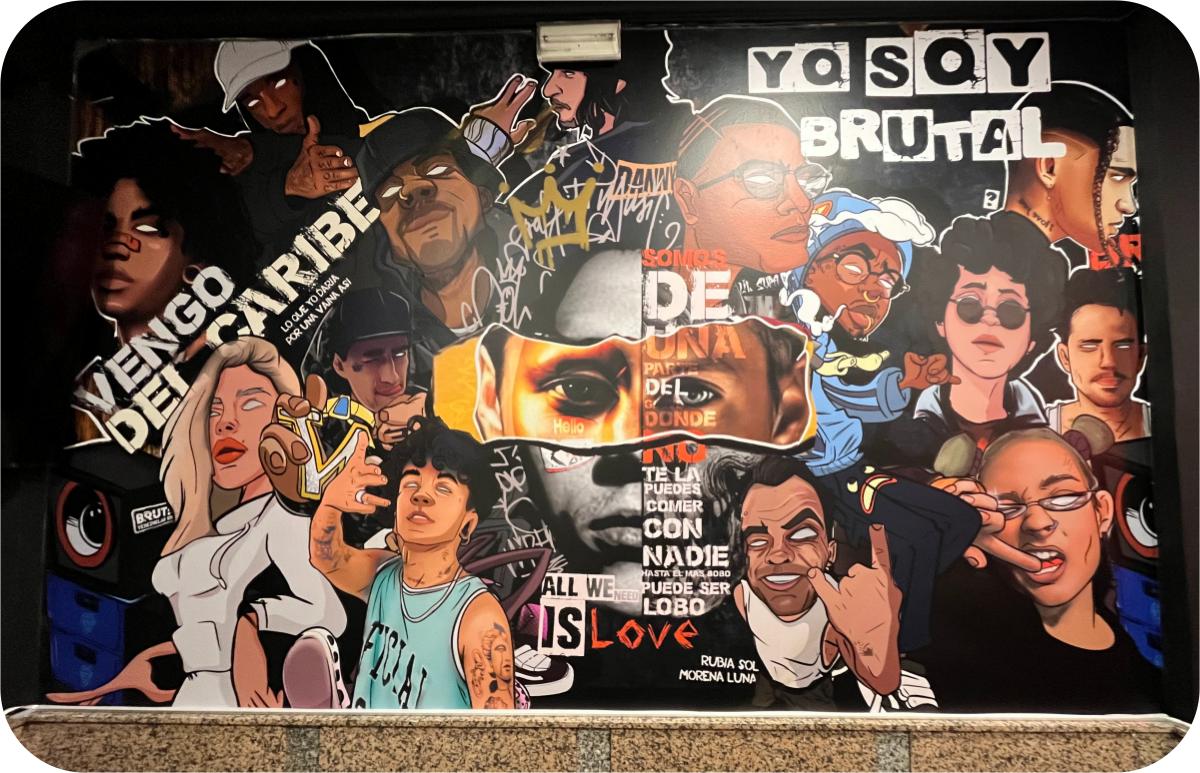 Mural urbano Yo Soy Brutal con artistas y cultura caribeña detalle