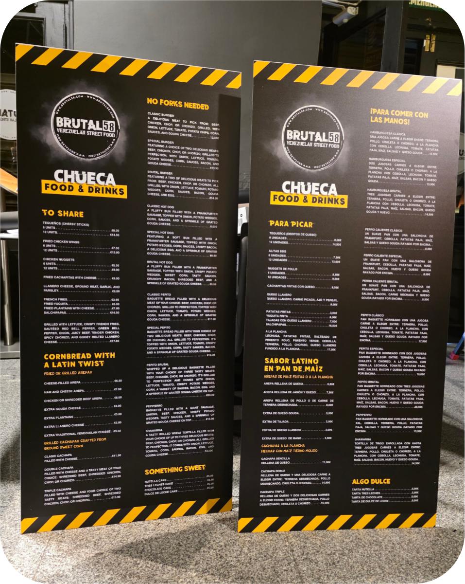 Paneles de carta bilingüe Brutal 58 Chueca Food and Drinks
